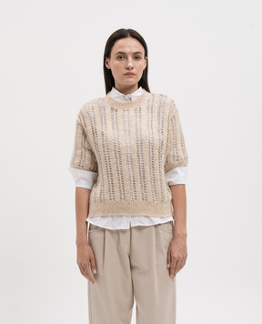 Brunello Cucinelli Бежевый ажурный топ из шерсти с пайетками MCM510600P