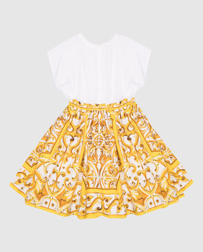 Dolce&Gabbana Дитяча біла сукня з вишивкою логотипа та з принтом Майоліка L5JD9AG7NRJ36