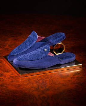 Stefano Ricci Синие замшевые домашние тапочки с кожей крокодила UL01P752CNSD