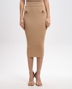 Balmain Бежева спідниця міді в рубчик з брендовими заклепками EF1LD022KI10