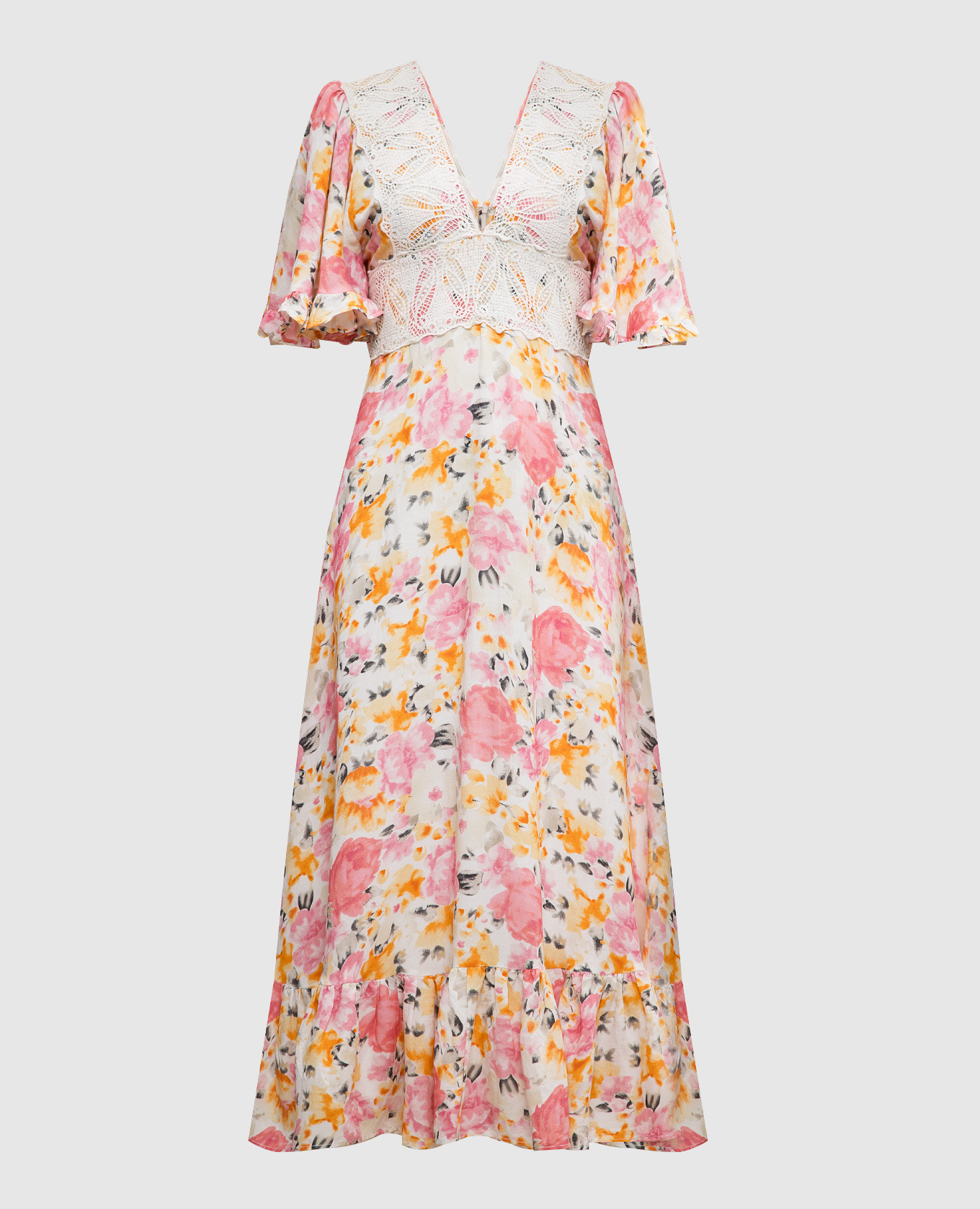 Бежевое платье с льном в цветочный принт с кружевом.