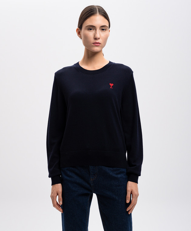 Ami Paris Синий джемпер из мериноса шерсти с нашивкой логотипа BFFKS111KN0025 изображение 3