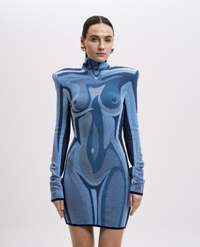 Balmain Блакитна сукня міні в брендовий жакардовий візерунок EF1R8018KI13