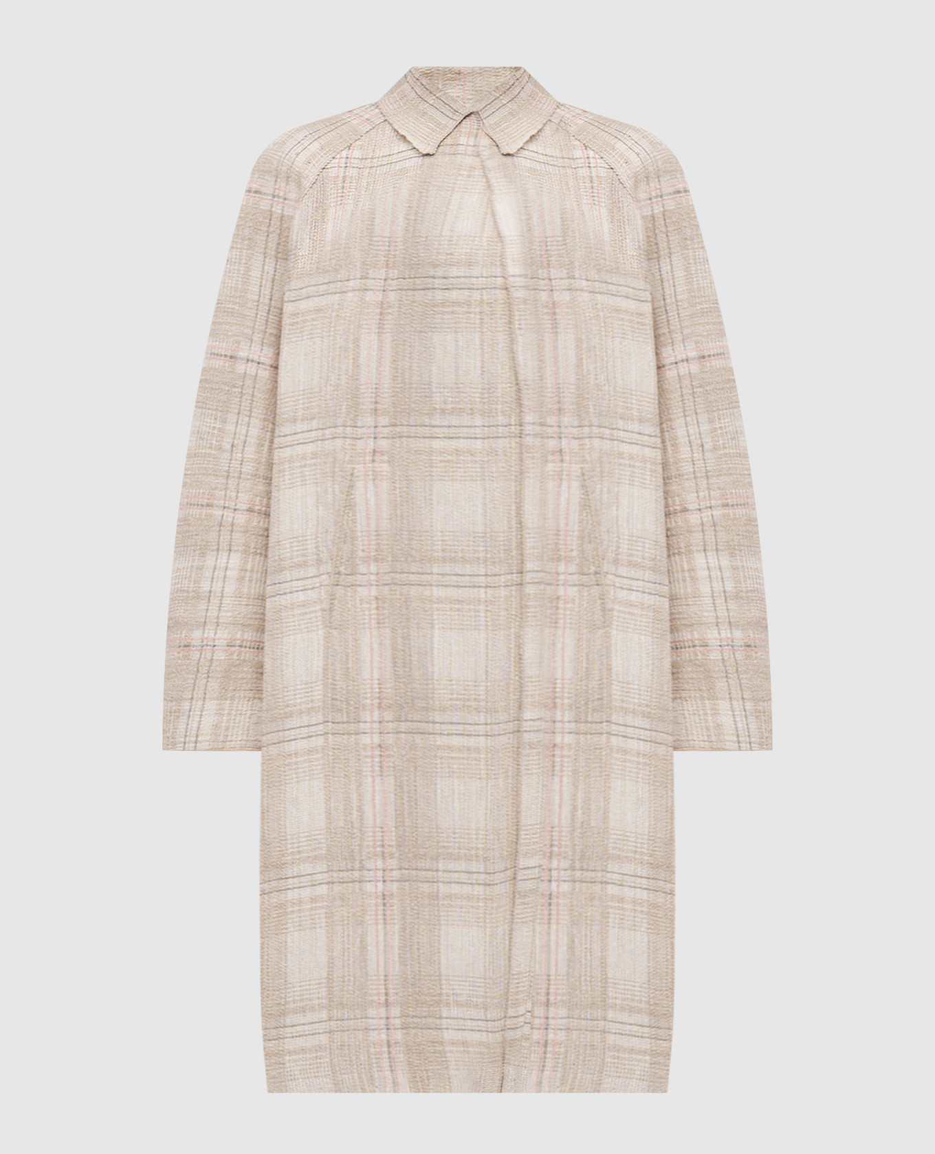 

Бежевое пальто с льном в клетку, Бежевый, Пальто