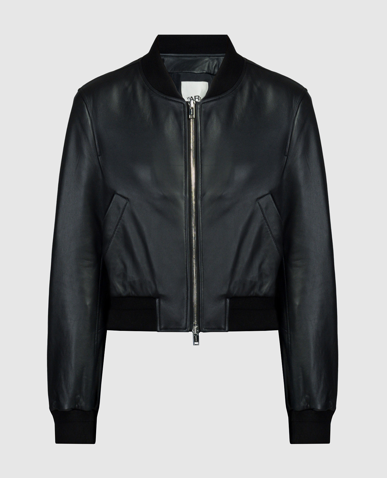 Black leather bomber jacket with logo
