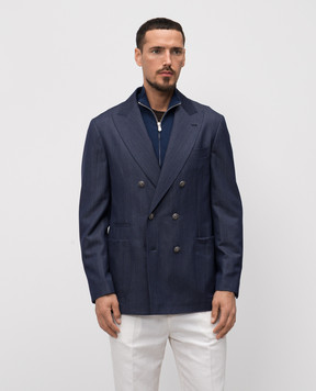 Brunello Cucinelli Синий двубортный блейзер с шерсти, абаки и шелка. MR4957BBKP