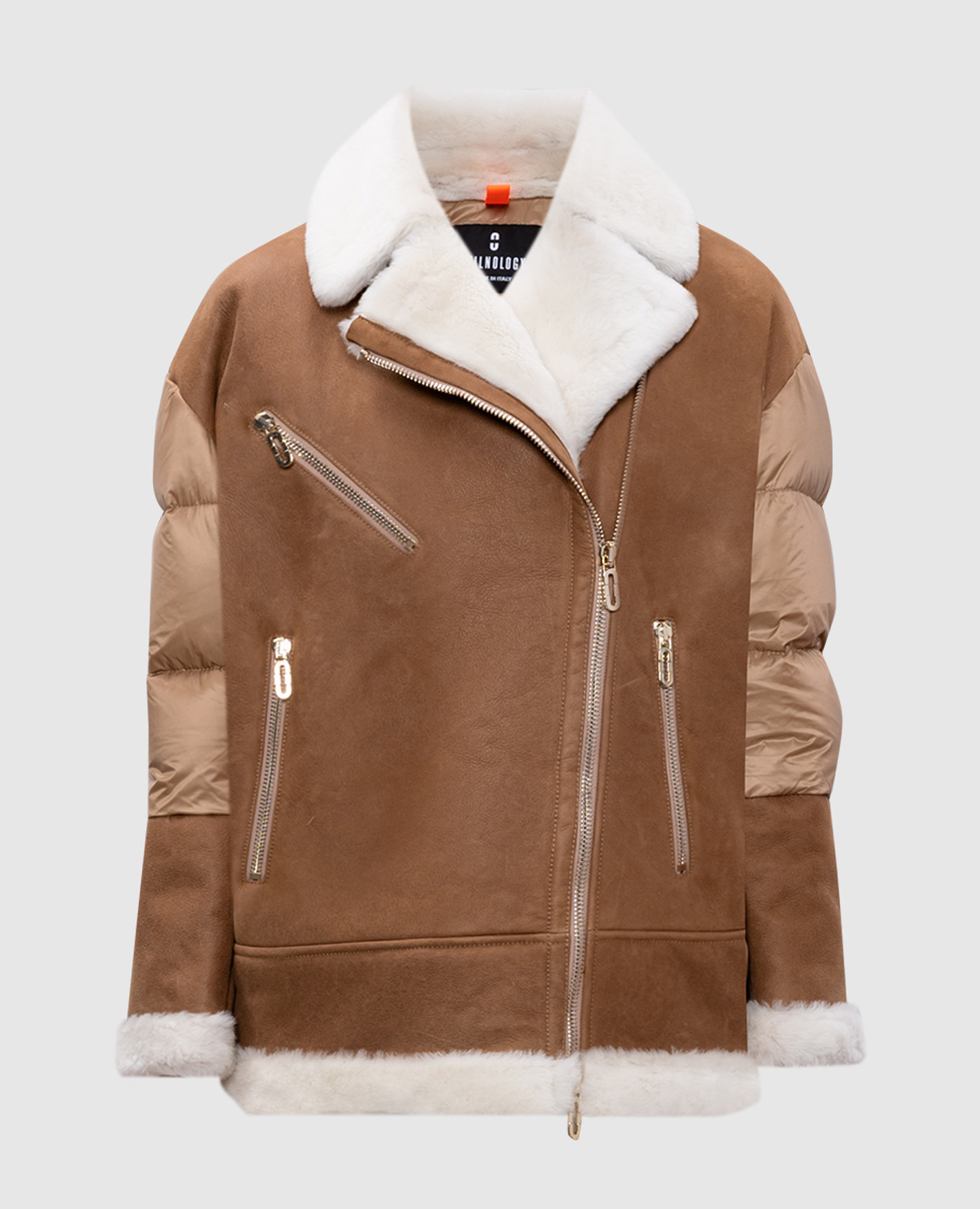 

Коричневая пуховая комбинированная куртка с мехом в стиле косухи, Коричневый, Куртки