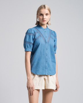 Twinset Блакитна блуза з мереживом з металевим логотипом 241TP2692