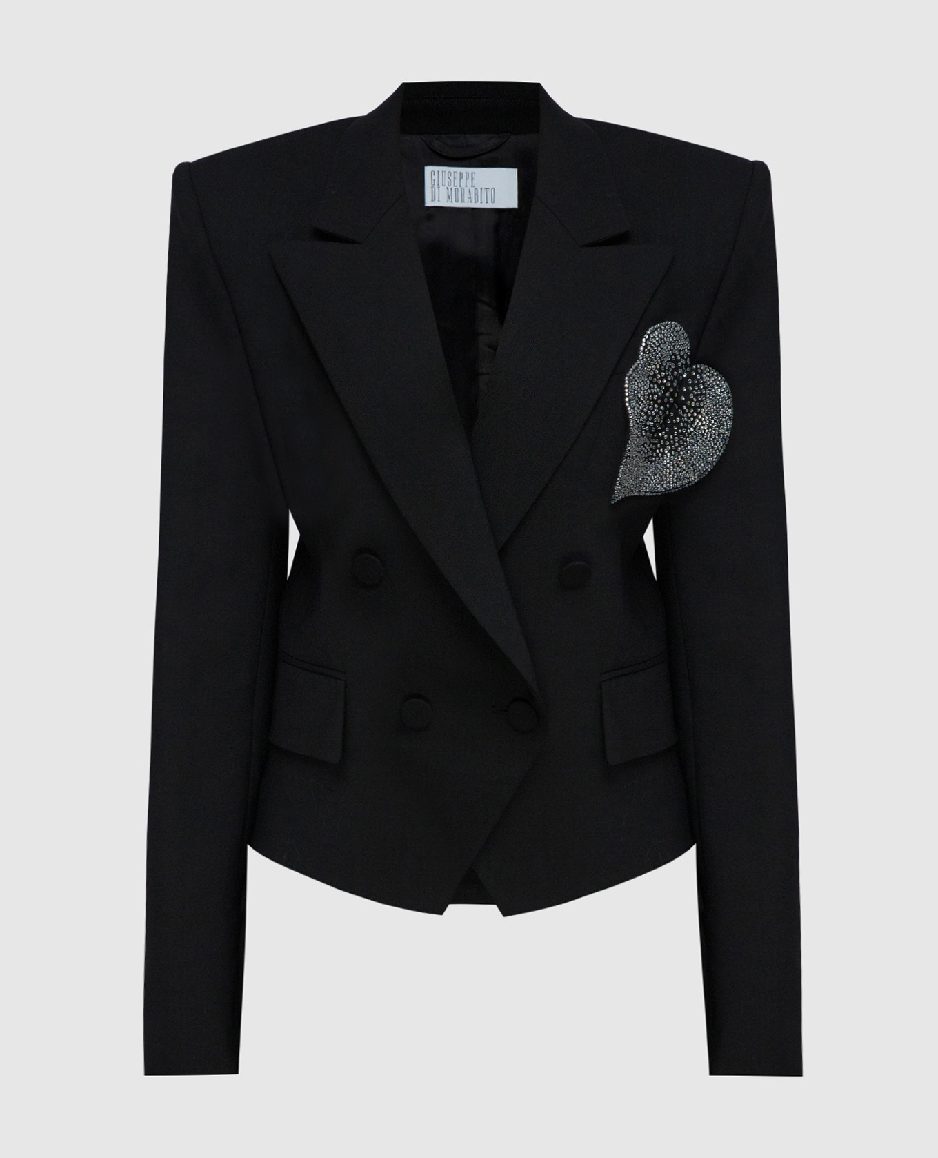 Black double-breasted wool jacket with crystal appliqué