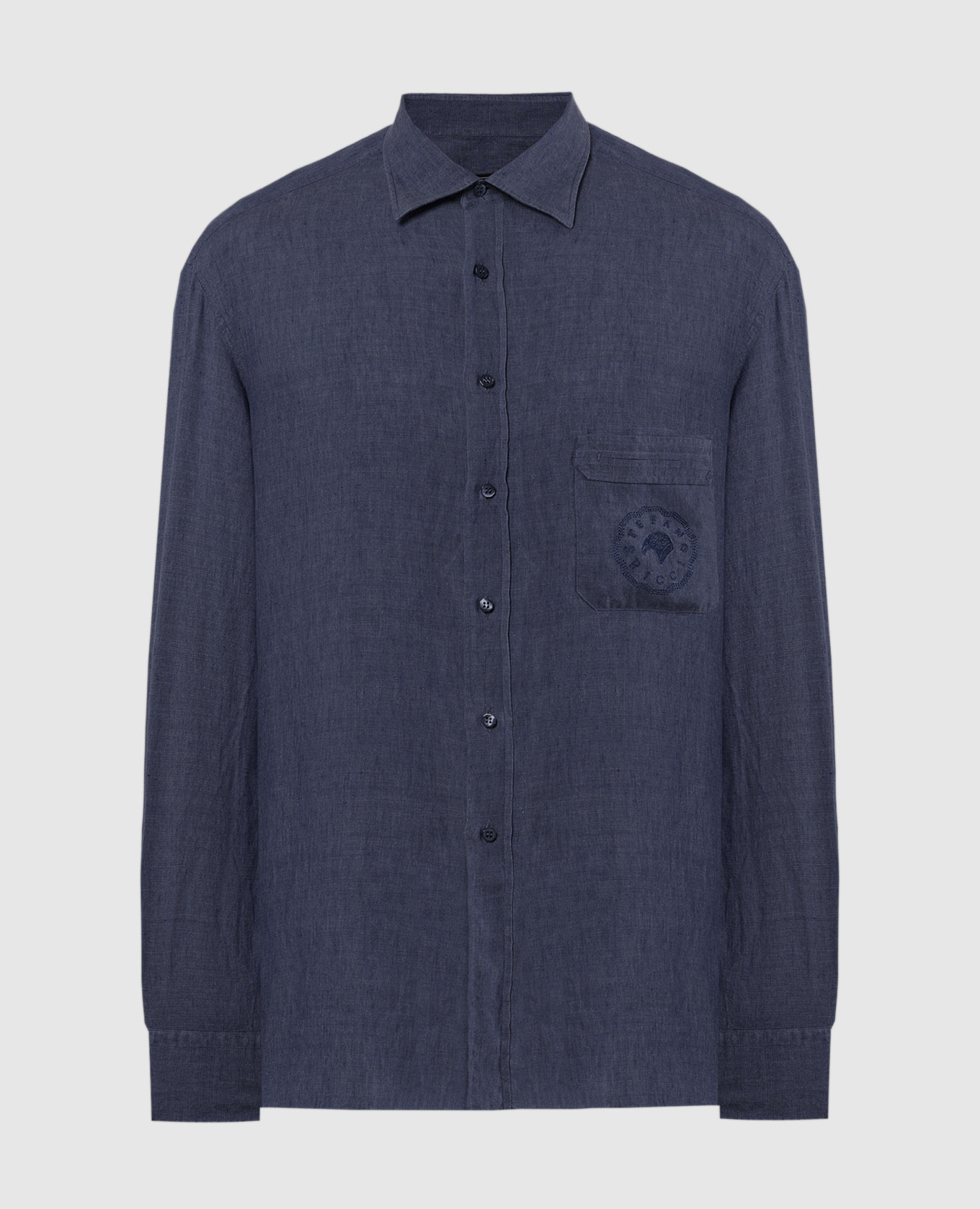 Blue linen shirt with logo emblem embroidery