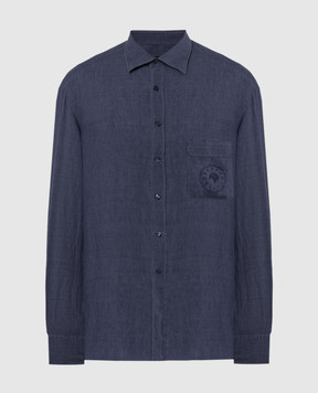 Stefano Ricci Голубая рубашка из льна с вышивкой логотипа эмблемы. MC007261LX2330