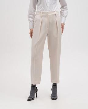 Brunello Cucinelli Бежевые брюки с шерстью с цепочкой мониль из эколатуни MP580P8562