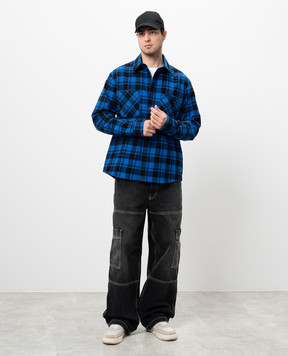 Off-White Синяя рубашка в клетку с логотипом OMGE030F24FAB002