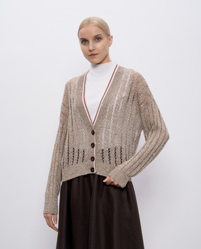 Brunello Cucinelli Коричневий кардиган з льону в ажурний візерунок MCO559416