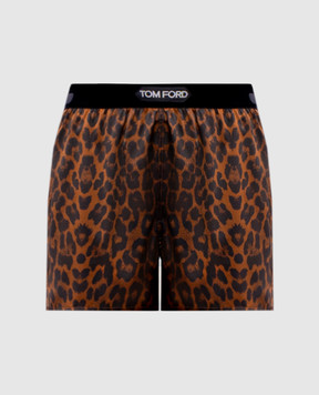 Tom Ford Коричневые шорты из шелка в леопардовом принте с логотипом. SH0021FAP218
