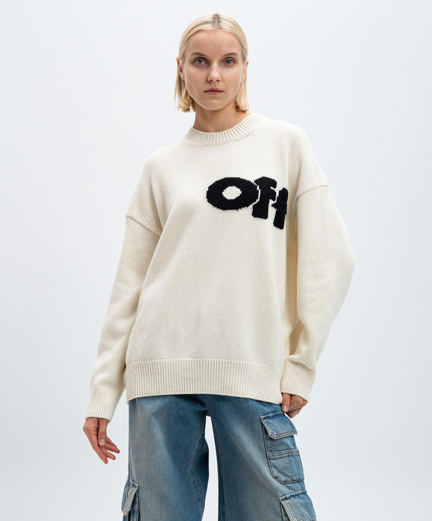 Off-White Белый свитер с шерстью с контрастным узором логотипа OWHE106F24KNI001 изображение 3