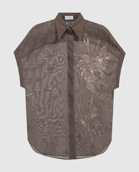 Brunello Cucinelli Коричневая блуза с вышивкой и пайетками MH911NP106