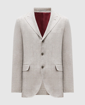 Brunello Cucinelli Бежевий піджак з льону, вовни та шовку в клітинку MR4807BFD2