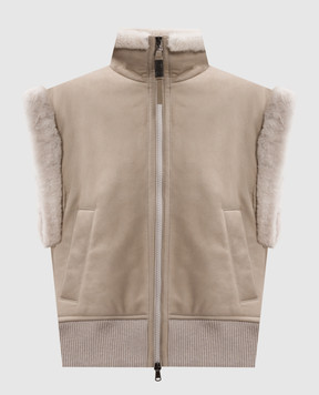 Brunello Cucinelli Бежевый кожаный жилет на меху с цепочкой мониль из эколатуни MPMBP7985P
