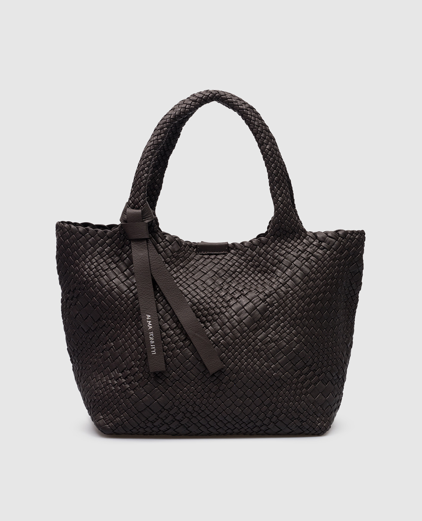 Brown leather woven tote bag
