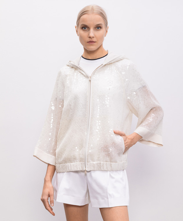 Brunello Cucinelli Белая спортивная куртка из шелка с пайетками MF940SM926 изображение 3