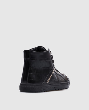 Philipp Plein Детские черные кожаные кроссовки с металлическим логотипом. BSC00172935