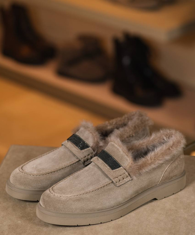 Brunello Cucinelli Бежеві замшеві лофери на хутрі з ланцюжком моніль MZSFG2569 зображення 7