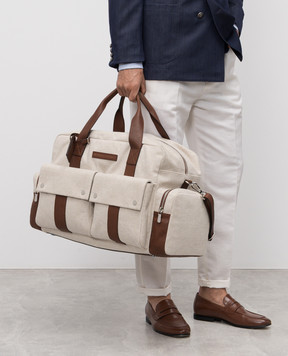Brunello Cucinelli Бежева дорожня сумка з льоном з логотипом MBLRU323P