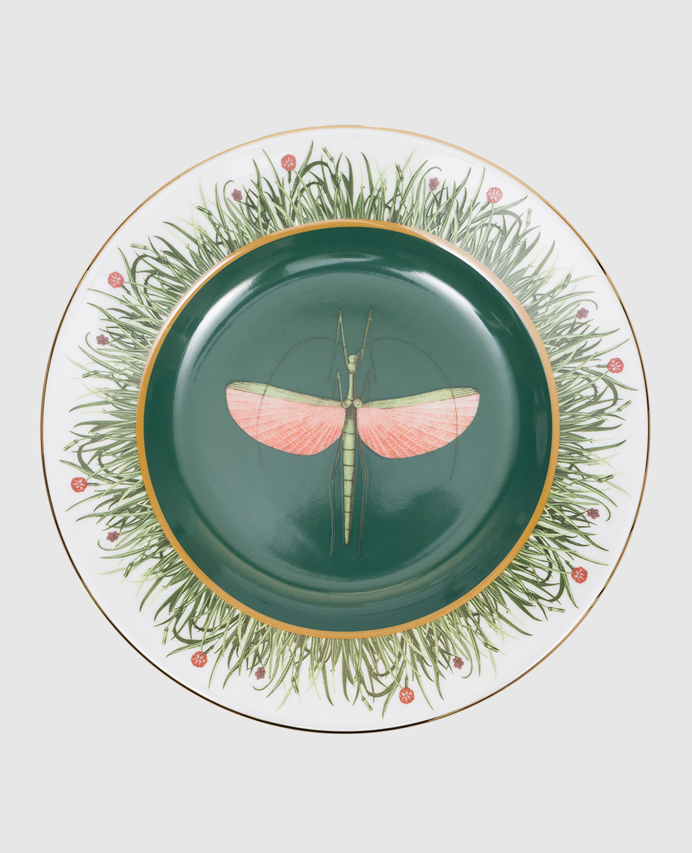 

Набор зеленых фарфоровых обеденных тарелок в принт Libellula с позолотой 18 карат., Зеленый, Посуда
