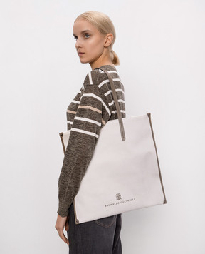 Brunello Cucinelli Білий шопер з льоном у візерунок з вишивкою логотипа ML571M203