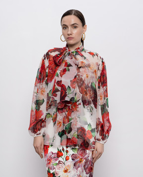 Dolce&Gabbana Біла блуза із шовку в квітковий принт F5R62TIS1Y6