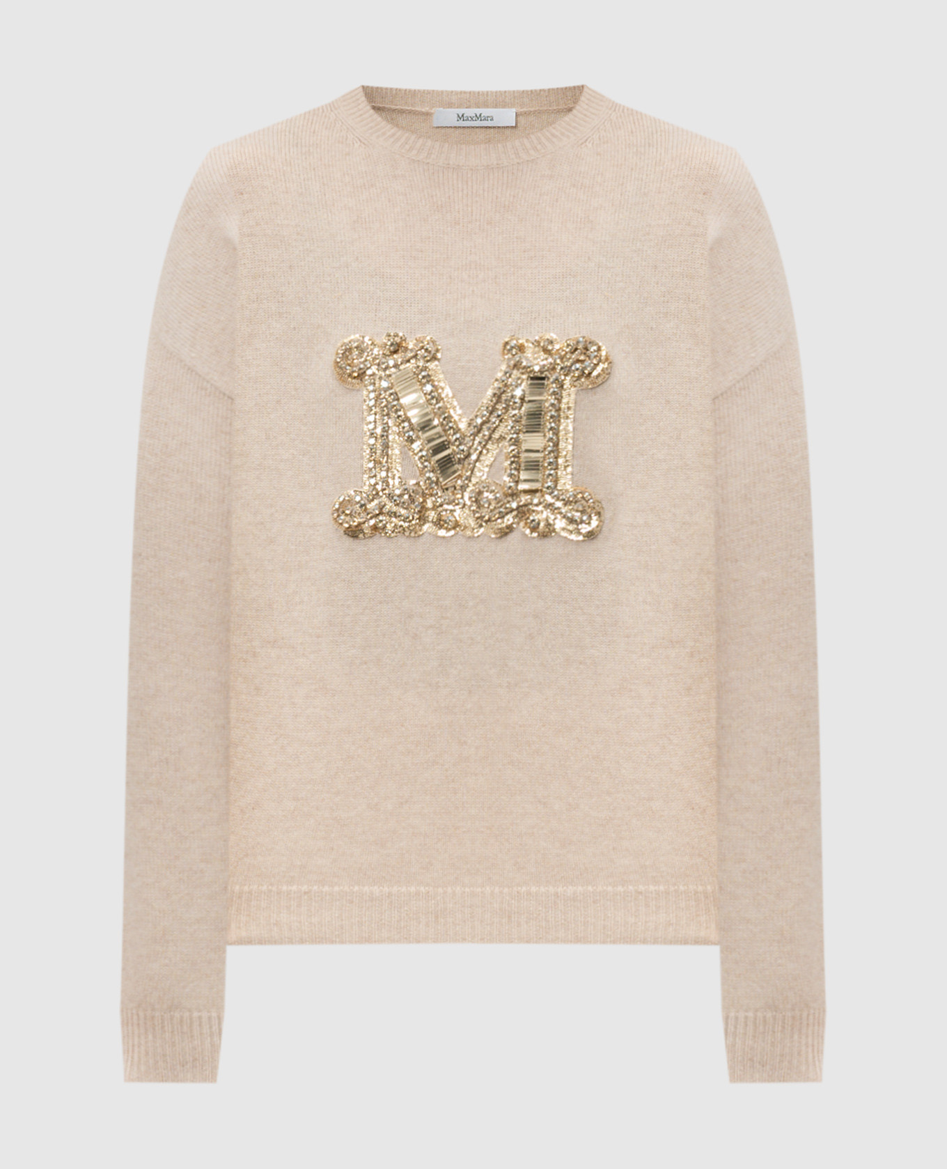 

Бежевый свитер VICOLO из шерсти и кашемира с монограммой из кристаллов и паеток, Свитера