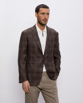 Canali Коричневий блейзер в клітинку із шовку та кашеміру CX03719E23275