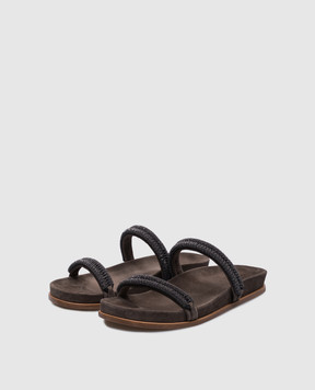 Brunello Cucinelli Коричневые замшевые шлепанцы с цепочкой мониль MZSFC2627