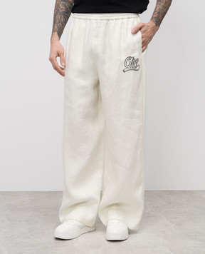 Off-White Бежеві штани з льону з вишивкою логотипа Off OMCP003S25FAB002