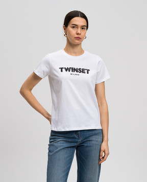 Twinset Біла футболка з вишивкою логотипа з паєтками 251TP2070