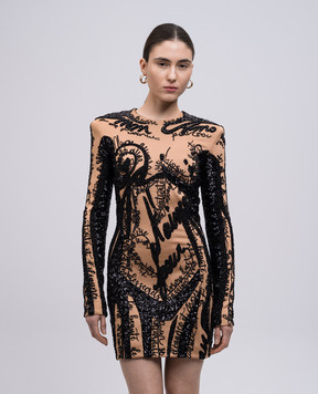 Balmain Бежева сукня міні у вишивку EF1R9268PC72