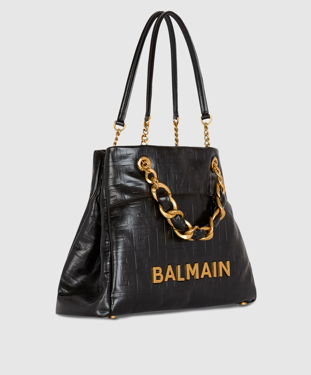 Balmain Чорна шіряна сумка-тоут Cabas 1945 з фактурним логотипом EN1FF827LETF зображення 3