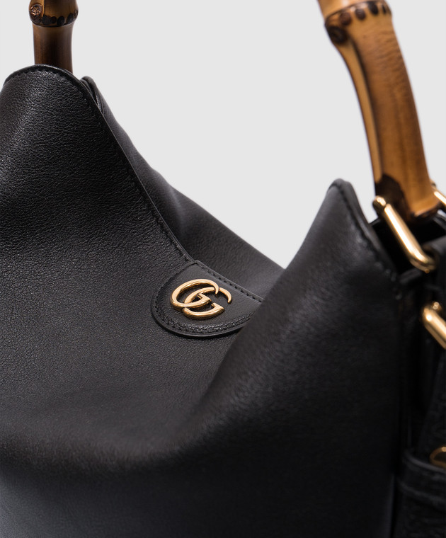 Gucci Чорна шкіряна сумка з металевим логотипом з ручкою із бамбука 746124UAAAY зображення 4