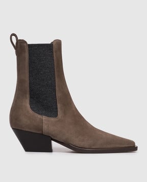 Brunello Cucinelli Коричневі замшеві козаки з ланцюжком моніль MZSFC3080