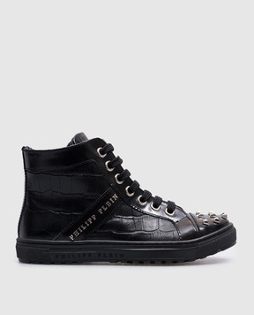 Philipp Plein Детские черные кожаные кроссовки с металлическим логотипом. BSC00172935