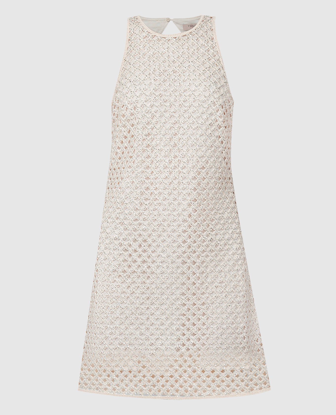 Бежевое ажурное платье мини с бисером