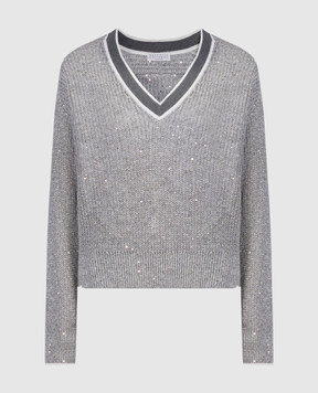 Brunello Cucinelli Сірий пуловер з льону з паєтками MCO555902