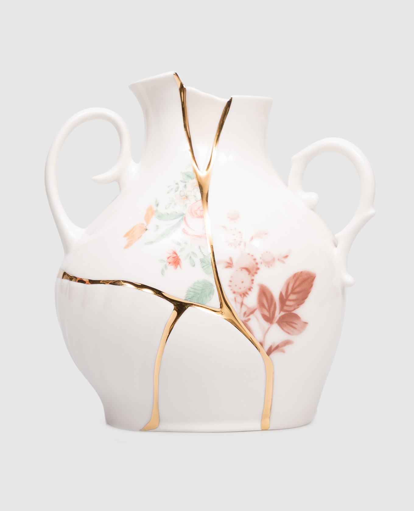 

Белая фарфоровая ваза Kintsugi с позолотой 24 карат с цветочным принтом, Белый, Посуда