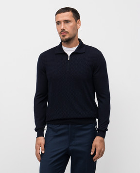 Bertolo Cashmere Синий поло с шерстью и шелком в узор 902473002514