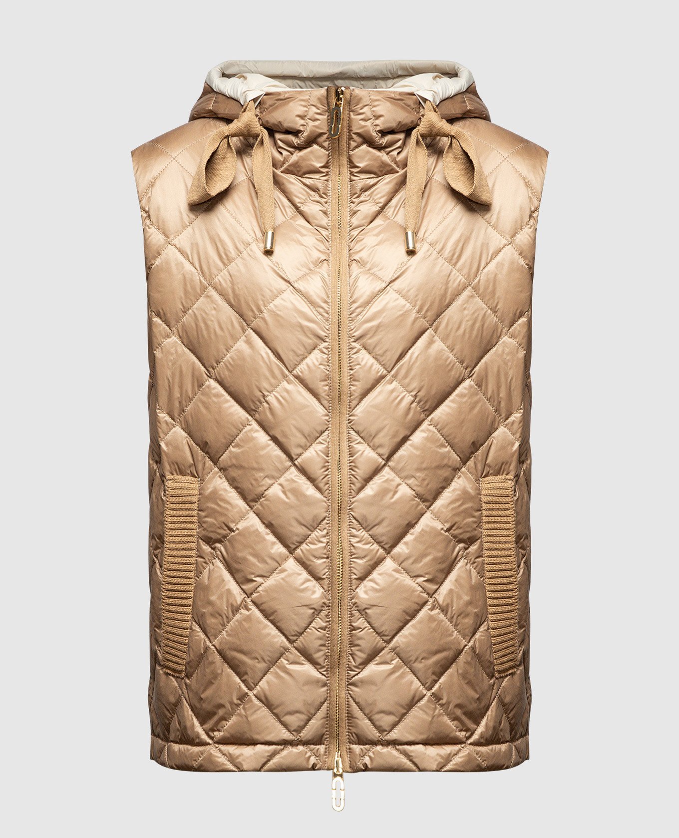 Brown quilted down vest with metallic logo