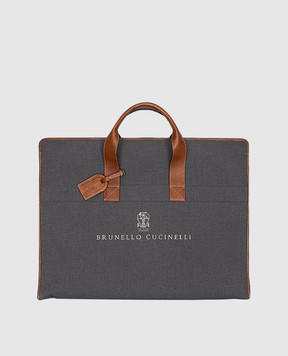 Brunello Cucinelli Сірий кофр зі шкіряними вставками з логотипом MWN4ZU390