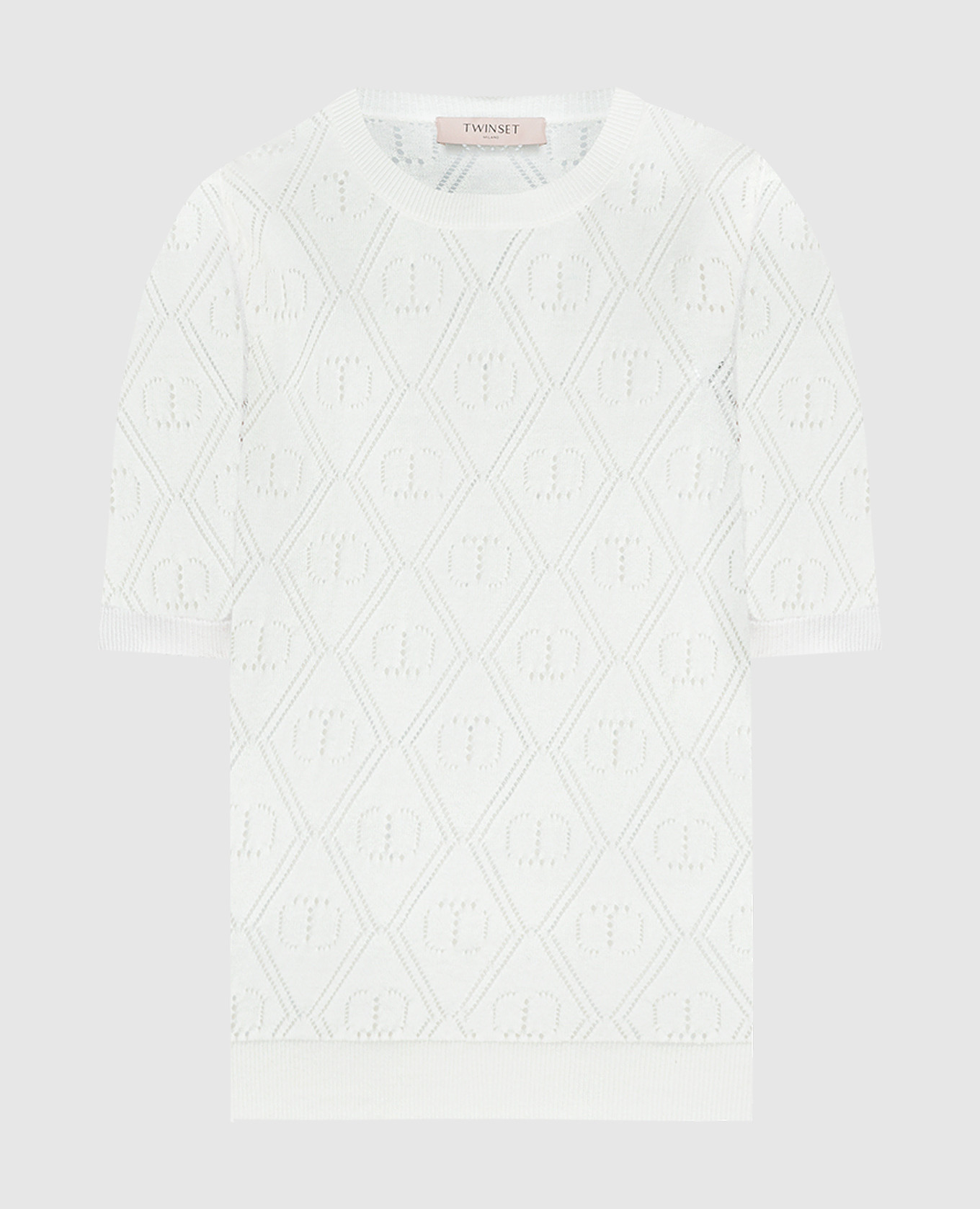 White cashmere t-shirt with an openwork logo pattern