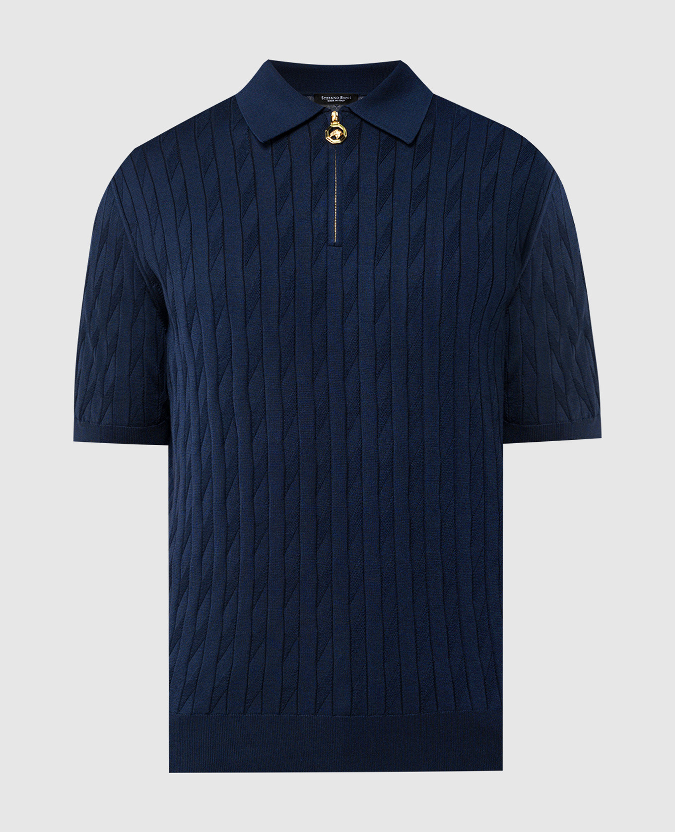 Blue polo with silk in a textured pattern