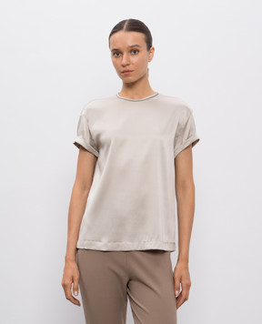 Brunello Cucinelli Бежевий топ із шовку з відворотами M0C59DE310